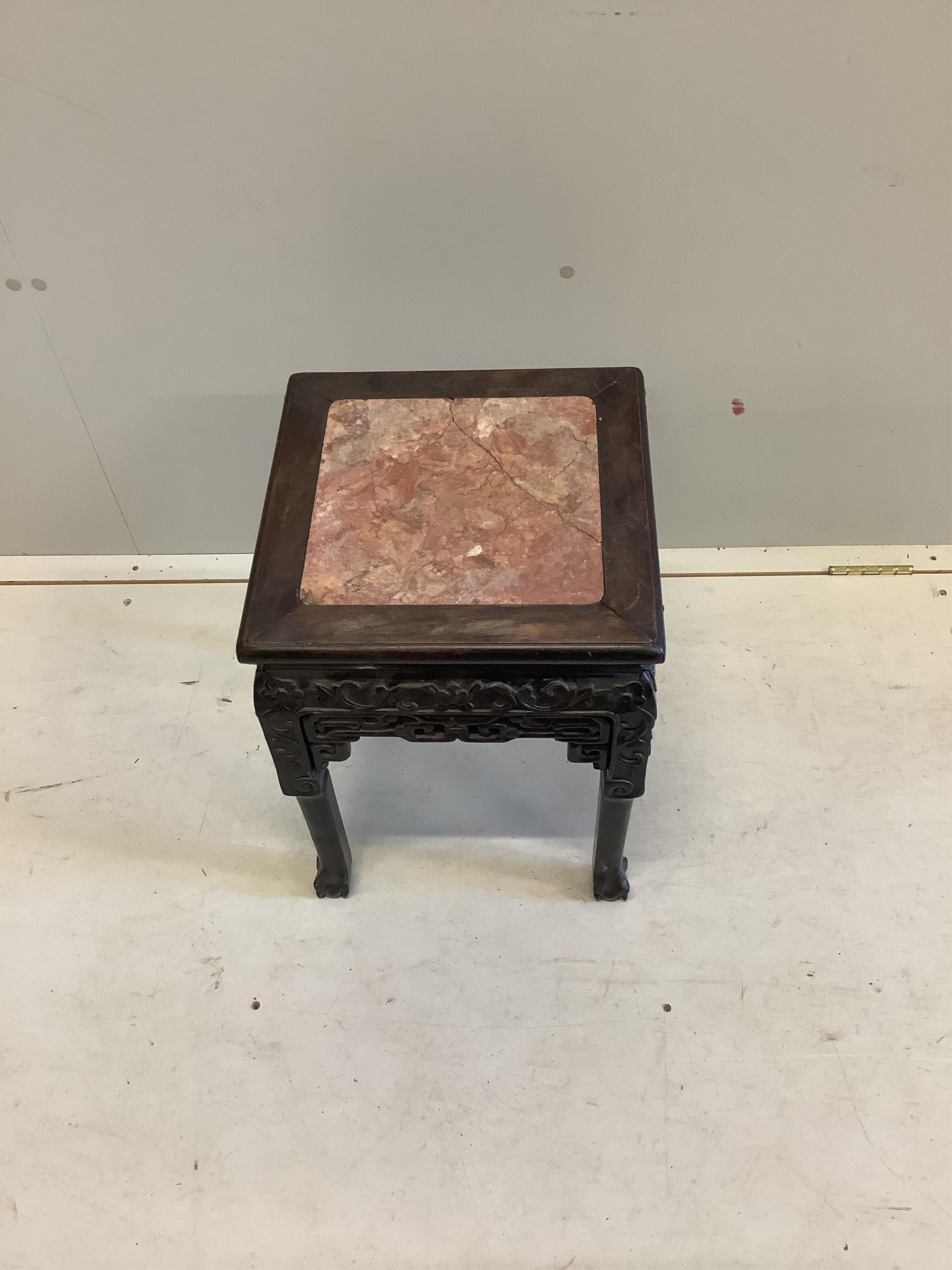 A Chinese rouge marble inset square hardwood vase stand, 35cm, height 47cm. Condition - poor to fair